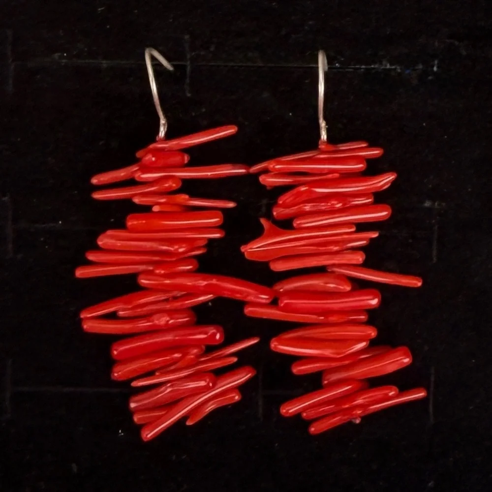 Vintage bohemian chic silvertone and red pierced earrings